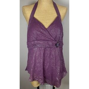 Y2K Halter Top Sparkly Purple Glitter Shiny Medallion Brooch Fairy Club Large XL